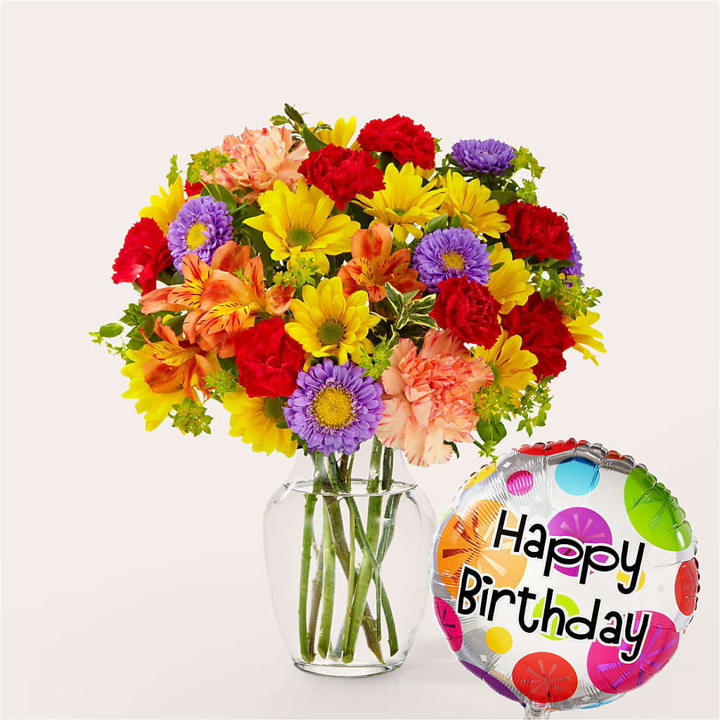 Kaleidoscope Bouquet with Birthday Balloon – RESILIENT ROSES FLORAL & DECOR LLC, Jacksonville FL