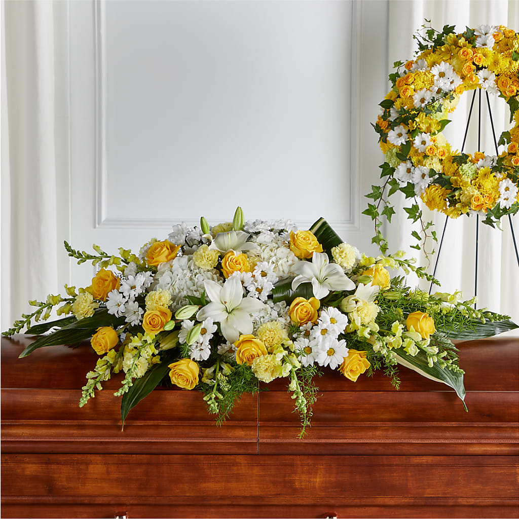 Golden Harmony Casket Spray – RESILIENT ROSES FLORAL & DECOR LLC, Jacksonville FL