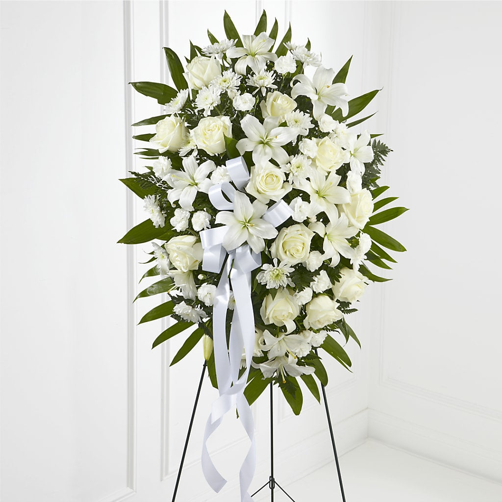 Exquisite Tribute Standing Spray-White Ribbon – RESILIENT ROSES FLORAL & DECOR LLC, Jacksonville FL