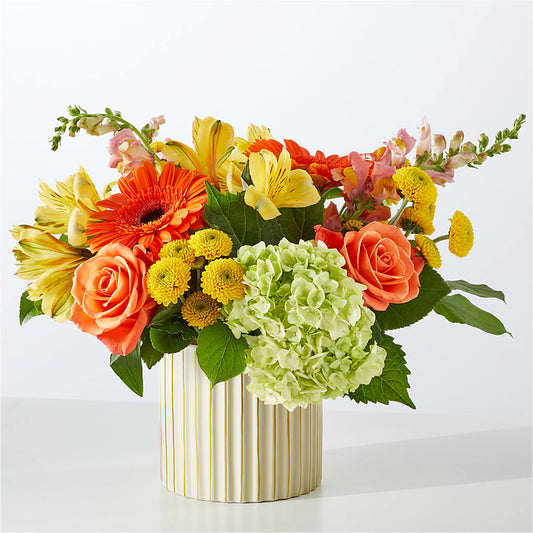 Autumn Sunshine Bouquet with Ivory Vase – RESILIENT ROSES FLORAL & DECOR LLC, Jacksonville FL