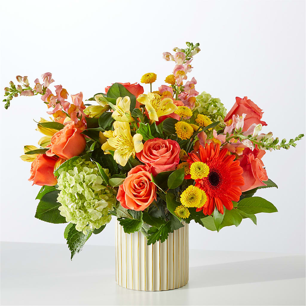Autumn Sunshine Bouquet with Ivory Vase – RESILIENT ROSES FLORAL & DECOR LLC, Jacksonville FL